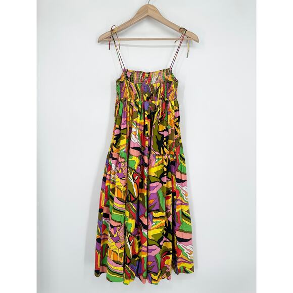 SWF Birds of Paradise A-Line Dress Smocked Square Neck Tie Shoulder Midi Floral - Picture 8 of 13